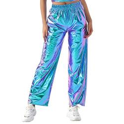 Gl?nzende Metallic Hose Damen Glanz Jogginghose High Waist 80er 90er Jahre Kost?m Lack Leder Wet Look Hip Hop Clubwear Holografische Rave Hose Jogginghose Streetwear Halloween Cosplay Laser Blau 2XL von FYMNSI