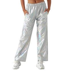 Gl?nzende Metallic Hose Damen Glanz Jogginghose High Waist 80er 90er Jahre Kost?m Lack Leder Wet Look Hip Hop Clubwear Holografische Rave Hose Jogginghose Streetwear Halloween Cosplay Laser Silber L von FYMNSI