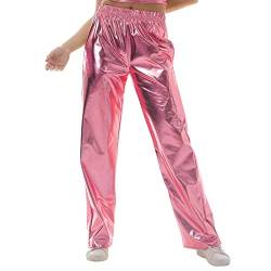 Gl?nzende Metallic Hose Damen Glanz Jogginghose High Waist 80er 90er Jahre Kost?m Lack Leder Wet Look Hip Hop Clubwear Holografische Rave Hose Jogginghose Streetwear Halloween Cosplay Rosa L von FYMNSI