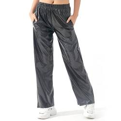 Gl?nzende Metallic Hose Damen Glanz Jogginghose High Waist 80er 90er Jahre Kost?m Lack Leder Wet Look Hip Hop Clubwear Holografische Rave Hose Jogginghose Streetwear Halloween Cosplay Schwarz XL von FYMNSI