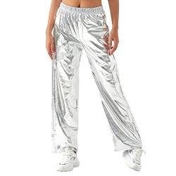 Gl?nzende Metallic Hose Damen Glanz Jogginghose High Waist 80er 90er Jahre Kost?m Lack Leder Wet Look Hip Hop Clubwear Holografische Rave Hose Jogginghose Streetwear Halloween Cosplay Silber 2XL von FYMNSI