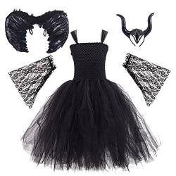 Halloween Kinder Kostüm Mädchen Maleficent Kleid Engelsflügel Hörner Stirnband Spitze Armstulpe Set Halloween Fasching Party Cosplay Böse Königin Bösartige Hexenkönigin Verkleidung Schwarz 5-6 Jahre von FYMNSI