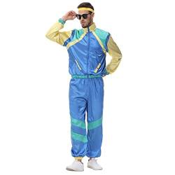 Herren 80er 70er Jahre Outfit Trainingsanzug Jogginganzug Faschingskostüm Männer Disco Fever Kostüm Halloween Motto Party Karneval Cosplay Streatwear Retro Trainingsjacke Hose mit Stirnband Blau M von FYMNSI