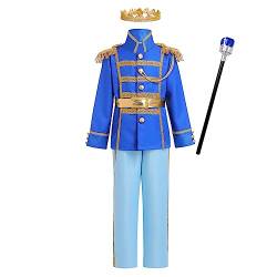 Jungen Prinz Charming Kostüm Halloween Cosplay Kinder Märchenprinz Mittelalterlichen König Kinderkostüm Jacke Top Hose Gürtel Zepter Krone Set Karneval Mottoparty Party Verkleidung Hellblau 3-4 Jahre von FYMNSI