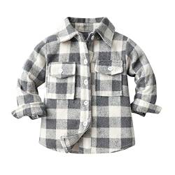 Kinder Jungen Flanell Plaid Shirt Kleinkinder Baby Herbst Fr?ghling Hemd Jacke Button Down Langarm Kariertes Tops Fleece Mantel Freizeithemd f?r Taufe Hochzeit Geburtstag Party Festliches Grau 2-3J von FYMNSI