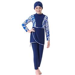 Kinder Mädchen Muslimischen Badeanzug Full Cover Badebekleidung Burkini Modest Islamischen Ganzkörper Hijab Langarm Top Hose Set Wassersport Surfen Outfit Bademode Schwimmanzug Dunkelblau 7-8 Jahre von FYMNSI