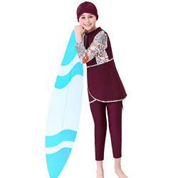Kinder Mädchen Muslimischen Badeanzug Full Cover Badebekleidung Burkini Modest Islamischen Ganzkörper Hijab Langarm Top Hose Set Wassersport Surfen Outfit Bademode Schwimmanzug Weinrot 9-10 Jahre von FYMNSI