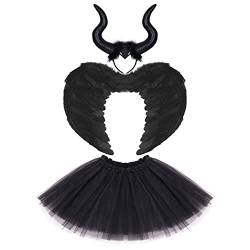 Kinder Mädchen Teufel Kostüm Engelsflügel Feder Flügel Hörner Stirnband Tutu Tüll Rock 3tlg Maleficent Böse Königin Set Für Halloween Cosplay Weihnachten Fasching Karneval Verkleidung Schwarz Böse von FYMNSI