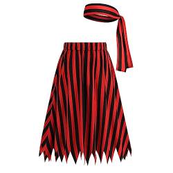 Kost?m Pirat Damen Rock, Piraten Damen Rock Karneval Party Fasching Cosplay Piratenkost?m Rot Schwarz Gestreift Piratenrock Hohe Taille Asymmetrische A Linie Midirock Mit Kopftuch Rot + Schwarz XL von FYMNSI