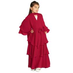 M?dchen Kleid Muslimisches Chiffon Gebetskleid Gebetskleidung f?r Kinder Abaya Einfarbig Vorne Offen Strickjacke Islamischer Naher Osten Dubai T?rkei Maxi Kaftan Kleider mit Hijab Weinrot 13-14 Jahre von FYMNSI