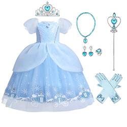 Mädchen Cinderella Kostüm Kinder Aschenputtel Kleid Karneval Fasching Cosplay Kurzarm Prinzessinenkleid Tüll Maxikleid Halloween Geburtstagsfeier Festliches Festkleid mit Zubehör Himmelblau 2-3 Jahre von FYMNSI