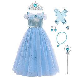 Mädchen Cinderella Kostüme Aschenputtel Prinzessin Tüll Maxikleid Halloween Fasching Karneval Cosplay Weihnachten Geburtstag Partykleid Schulterfrei Ballkleid Verkleidung mit Zubehör Blau 11-12 Jahre von FYMNSI