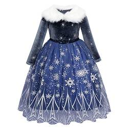 Mädchen Eiskönigin Prinzessin Kostüm Kleid Schneekönigin Schneeflocke Winter Langarm Samtkleid Kinder Weihnachten Halloween Verkleidung Fasching Karneval Cosplay Geburtstag Partykleid Dunkelblau 7-8J von FYMNSI