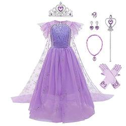 Mädchen Prinzessin Kostüme Eiskönigin Schneeflocke Tüll Maxikleid mit Umhang Zubehör Kinder Schneekönigin Eisprinzessin Verkleidung Halloween Cosplay Party Karneval Weihnachten Set Lila 5-6 Jahre von FYMNSI