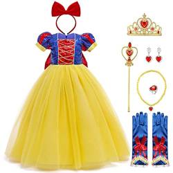 Mädchen Schneewittchen Kostüm Kinder Prinzessin Snow White Costume Karneval Cosplay Tüll Maxikleid mit Zubehör Halloween Weihnachten Geburtstag Party Verkleidung Blau + Gelb Pailletten 5-6 Jahre von FYMNSI