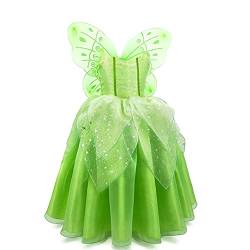 Mädchen Tinkerbell Feen Kostüm Kinder Feenkostüm Elfen Prinzessin Grün Maxi Langes Kleid Schmettelingflügel Elfenflügel Set Halloween Cosplay Geburtstag Party Fasching Karneval Ankleiden 4-5 Jahre von FYMNSI