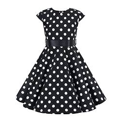 Mädchen Vintage 1950er Rockabilly Kleid Partykleider Cocktailkleider Audrey Hepburn Kinder Retro Gepunktet Kurzarm A-Linie Schwingen Geburtstag Partykleid Faltenrock Knielang Festkleid Schwarz 7-8J von FYMNSI