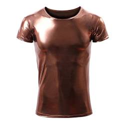 Metallic T Shirt Herren Glitzer Kurzarm Oberteil Roundhals Muskelshirt Wetlook Unterhemd Slim Fit 70er 80er Jahre Kost?m Disco Hemd Party Outfit Fasching Karneval Kleidung Tanz Clubwear Kaffee L von FYMNSI