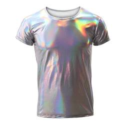 Metallic T Shirt Herren Glitzer Kurzarm Oberteil Roundhals Muskelshirt Wetlook Unterhemd Slim Fit 70er 80er Jahre Kost?m Disco Hemd Party Outfit Fasching Karneval Kleidung Tanz Clubwear Silber L von FYMNSI