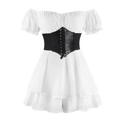 Mittelalter Kleidung Damen Renaissance Gothic Kostüm Retro Schulterfrei Kurzarm Jumpsuit Minikleid Mit Gürtel Korsett Halloween Pirat Cosplay Viktorianisches Steampunk Wikinger Verkleidung Weiß L von FYMNSI