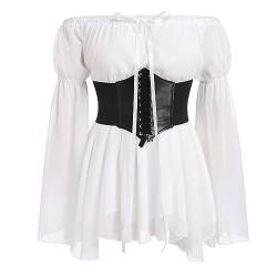 Mittelalter Kleidung Damen Renaissance Gothic Kostüm Vintage Schulterfrei Trompetenärmel Minikleid Mit Gürtel Korsett Halloween Pirat Cosplay Viktorianisches Steampunk Wikinger Verkleidung Weiß S von FYMNSI