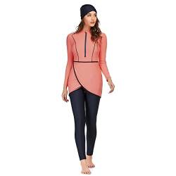 Muslimische Badeanzug Damen Bescheidene Bademode Islamisch Arabisch Schwimmkost?m Rei?verschluss Langarm Top Hose Hijab 3er Burkini Set Modest Full Cover Muslim Badebekleidung Orange + Schwarz S von FYMNSI