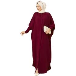 Muslimisches Kleid f?r Damen, Abaya Muslim Damen, Gebetskleidung f?r Frauen Kaftan Naher Osten Dubai T?rkei Arabische Islamische Kleidung Einteiliges Langarm Maxikleid Ramadan Party Robe Weinrot von FYMNSI