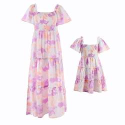 Mutter Tochter Kleid Maxikleider Partnerlook Mama und Mich Kleidung Sommer Outfits Kurzarm Boho Langes Strandkleid Familien Passenden Partykleid Elegante Freizeitkleid Violett Tie Dye 4-5 Jahre von FYMNSI