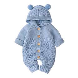 Neugeborene Baby Mädchen Jungen Gestrickt Strampler mit Kapuze Einteilige Schneeanzug Säugling Winter Warme Overall Bodysuit Kleinkinder Strick Pullover Strickanzug Weihnachtskleidung Hellblau 0-6M von FYMNSI