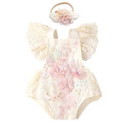 Neugeborenes Baby Mädchen Spitzen Strampler Blumen Stickerei Rüschen Ärmellos Body Einteiler Prinzessin Bodysuit Tütü Tüll Kleid mit Stirnband Fotoshooting Kostüme Sommer Bekleidung Beige +Rosa 12-18M von FYMNSI