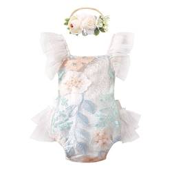 Neugeborenes Baby Mädchen Spitzen Strampler Blumen Stickerei Rüschen Ärmellos Body Einteiler Prinzessin Bodysuit Tütü Tüll Kleid mit Stirnband Fotoshooting Kostüme Sommer Bekleidungsset Weiß 6-12M von FYMNSI