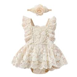 Neugeborenes Baby Mädchen Spitzen Strampler Rüschen Ärmellos Body Einteiler Prinzessin Bodysuit Tütü Tüll Kleid mit Blumen Stirnband 1. Geburtstag Outfit Taufe Fotoshooting Kostüme Aprikose 0-3 Monate von FYMNSI