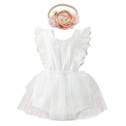 Neugeborenes Baby Mädchen Spitzen Strampler Rüschen Ärmellos Body Einteiler Prinzessin Bodysuit Tütü Tüll Kleid mit Blumen Stirnband 1. Geburtstag Outfit Taufe Fotoshooting Kostüme Weiß 3-6 Monate von FYMNSI