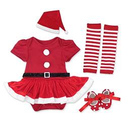 Neugeborenes Baby Mädchen Weihnachtsoutfit Mein erstes Weihnachten Bekleidungsset Prinzessin Strampler Body Kleid mit Santa Hut Schuhe Beinwärmer 4tlg Xmas Party Kleidung Outfit Rot Hut Set 0-3M von FYMNSI