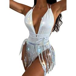 Rave Outfit Damen Body Holografische Stringbody Pailletten Quasten Fransenrock Rückenfrei Bodysuit Badeanzüge für Festival Disco Tanz Clubwear Halloween Motto Party Karneval Fasching Kostüm 1Weiß S von FYMNSI