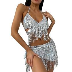 Rave Outfits für Damen Bikini Set Quasten Rock Metallic Badeanzug Holografische Pailletten BH Oberteil für Festival Disco Tanz Clubwear 90er Jahre Halloween Motto Party Kostüm Silber Kreuz BH Set S von FYMNSI