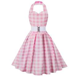 Rockabilly Kleider Damen Vintage 1950er Jahre Outfit Rosa Plaid Partykleid Festliches Festkleid Cocktailkleid Brautkleid Ballkleider Abendkleider Elegant für Hochzeit Petticoat Kleid Rosa + Weiß L von FYMNSI