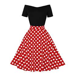 Rockabilly Kleider Damen Vintage Gepunktet Schulterfrei Kurzarm A-Linie Partykleid 50er Jahre Retro Schwingen Kleid Faltenrock Festliches Cocktailkleid Midi Abendkleid Elegant f?r Hochzeit Rot L von FYMNSI