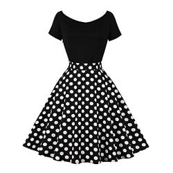 Rockabilly Kleider Damen Vintage Gepunktet Schulterfrei Kurzarm A-Linie Partykleid 50er Jahre Retro Schwingen Kleid Faltenrock Festliches Cocktailkleid Midi Abendkleid Elegant f?r Hochzeit Schwarz L von FYMNSI