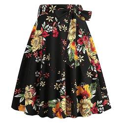 Rockabilly Rock Damen Vinatge 1950er Damenrock Sommer Knielang Retro Blumen Festliche Röck mit Gürtel Faltenrock Tellerrock Elastische Hohe Taille Swing Plissee A-Linie Glockenrock Schwarz + Gelb M von FYMNSI