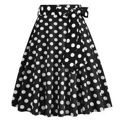 Rockabilly Rock Damen Vinatge 1950er Damenrock Sommer Knielang Retro Gepunktet Festliche Röck mit Gürtel Faltenrock Tellerrock Elastische Hohe Taille Swing Plissee A-Linie Glockenrock Schwarz XXL von FYMNSI