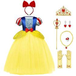 Schneewittchen Kostüm Kleid für Kinder Mädchen Karneval Fasching Kinderkostüm Märchen Prinzessin Snow White Cosplay Geburtstag Halloween Weihnachten Party Verkleidung Gelb 01 + Zubehör 5-6 Jahre von FYMNSI