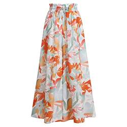 Sommerhose Damen Leicht, Damen Breites Bein Hose Elegant Sommer Hosenrock Lang Culottes Hosen Hohe Taille Chiffon Plissee Palazzo Hose mit Gummizug Einfarbig Freizeithose mit Tasche Orange Druck L von FYMNSI