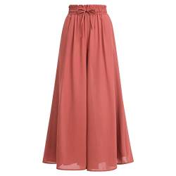 Sommerhose Damen Leicht, Damen Breites Bein Hose Elegant Sommer Hosenrock Lang Culottes Hosen Hohe Taille Chiffon Plissee Palazzo Hose mit Gummizug Einfarbig Freizeithose mit Tasche Ziegelrot L von FYMNSI