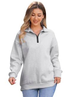 Sweatshirt Damen 1/4 Rei?verschluss Basic Pullover Half Zip Einfarbig Fleece Oberteile Oversize Pulli Stehkragen Langarmshirt Jumper Bluse Tops Herbst Winter Y2K Casual Freizeit Kleidung Hellgrau M von FYMNSI