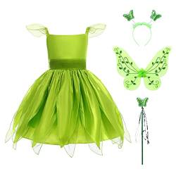 Tinkerbell Kostüm Kinder Mädchen Feenkostüm Elfenkostüm Märchenkostüm Elfe Kinderkostüm Waldfee Kleid Schmetterling Flügel Stirnband Zauberstab Set Halloween Karneval Fasching Mottoparty Grün 4-5J von FYMNSI