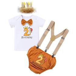 Wild One Baby Jungen 2. Geburtstag Dschungel Party Outfit Löwe Kostüme Baumwolle Kurzarm T-shirt Tops Shorts Kurzes Hose Hosenträger König Krone Stirnband Bekleidungsset Fotoshooting Braun 2 Jahre von FYMNSI