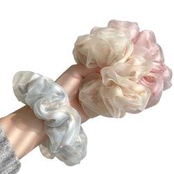 Haargummis Scrunchies für Damen Blume Haargummi Weich Elastisch Scrunchie für Mädchen & Damen Blumen Mesh Haargummis 3 Stück -Beige, Blau, Rosa von FYRuntoo