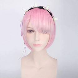 FZYUYU-Wig Anime Cosplay Re:In A Different World from Zero Graduated Ram Cosplay Wig for Women Short Straight Pink Blue Anime Wig Ram Wig and headware von FZYUYU