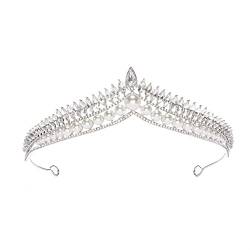 Handgefertigte Perlen-Braut-Kristall-Diademe, Kronprinzessin, Abschlussball, Strass-Schleier-Tiara, Party, Hochzeit, Haarschmuck, Haarreifen (Metallfarbe: Silberperle) (Silberperle) von FaLkiN